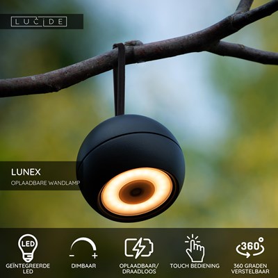 Lucide LUNEX - Oplaadbare Wandlamp Binnen/Buiten - Accu/Batterij - LED Dimb. - 1x2W 3000K - IP54 - Magnetisch - Zwart